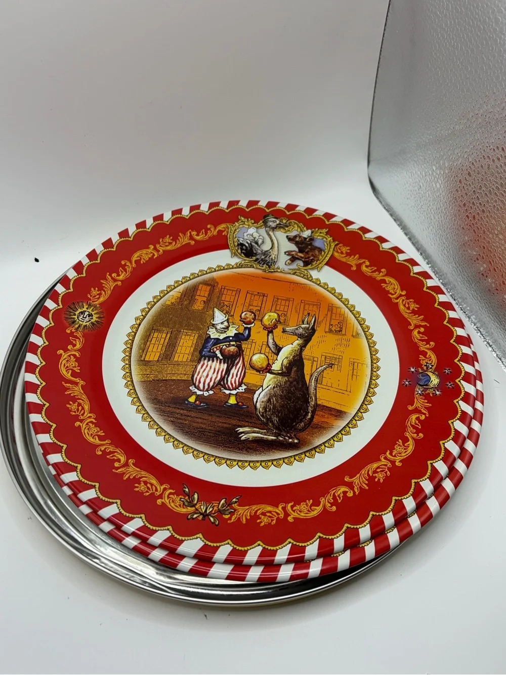 Set of 8 Restoration Hardware Circus Tin Plates Brand New in Storage Tins